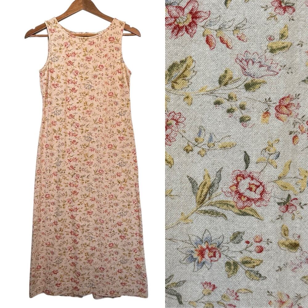 Vtg 90s Romantic Floral Linen Blend Midi Maxi Dress WOMENS SIZE 2 Cottage Fairy